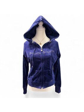 Bebe Hoodie Velvet Zip Up McBling Glam Purple Hooded Jacket with rhinestone logo